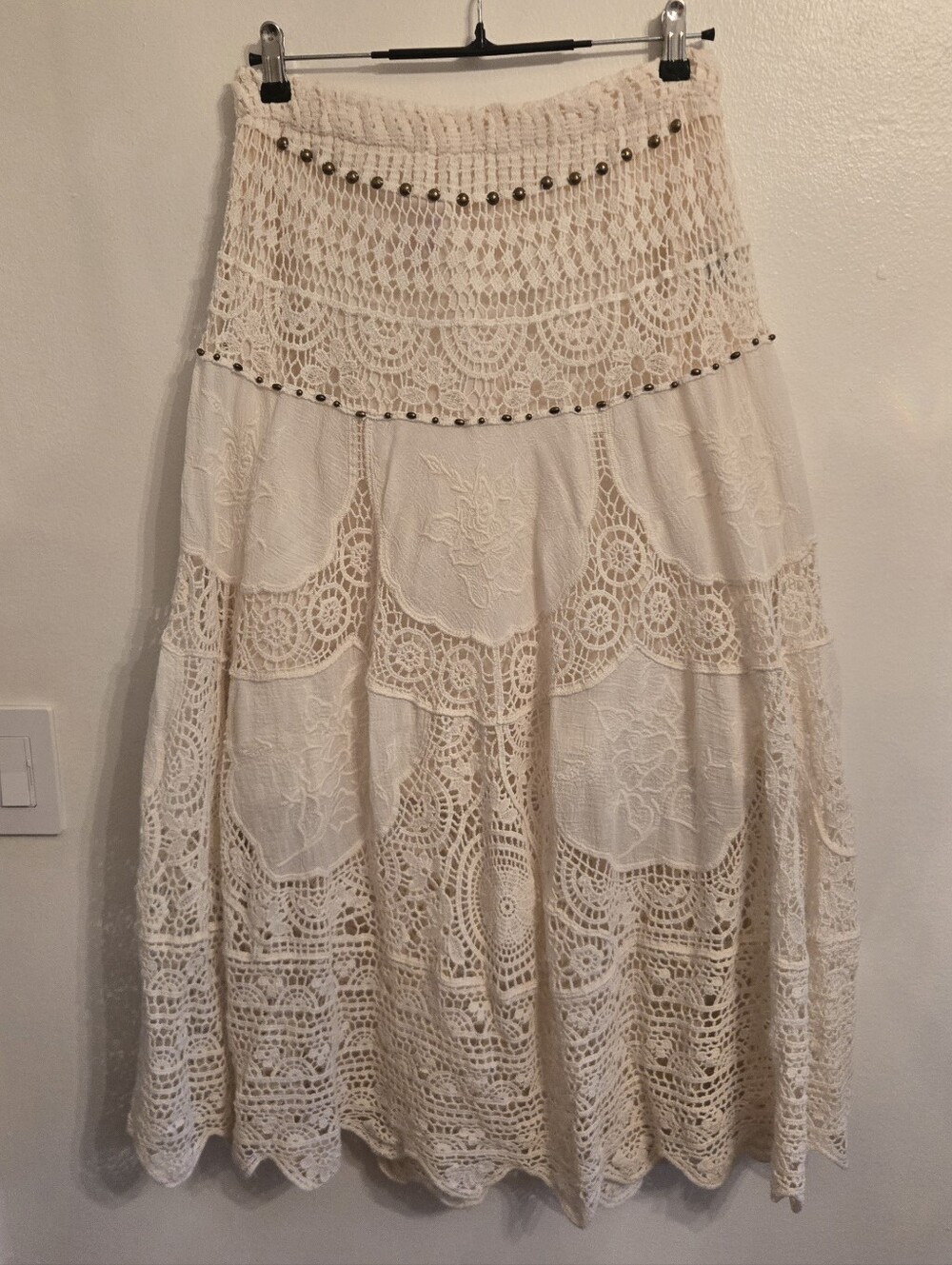POL Cream Lace Midi Skirt NWOT Cotton One Size Crochet Lace Patchwork